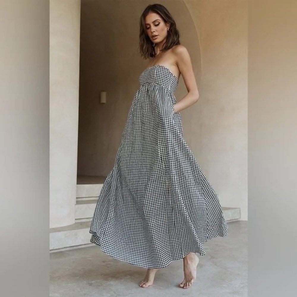 DISSH Gaia Houndstooth Strapless Midi Maxi Dress
